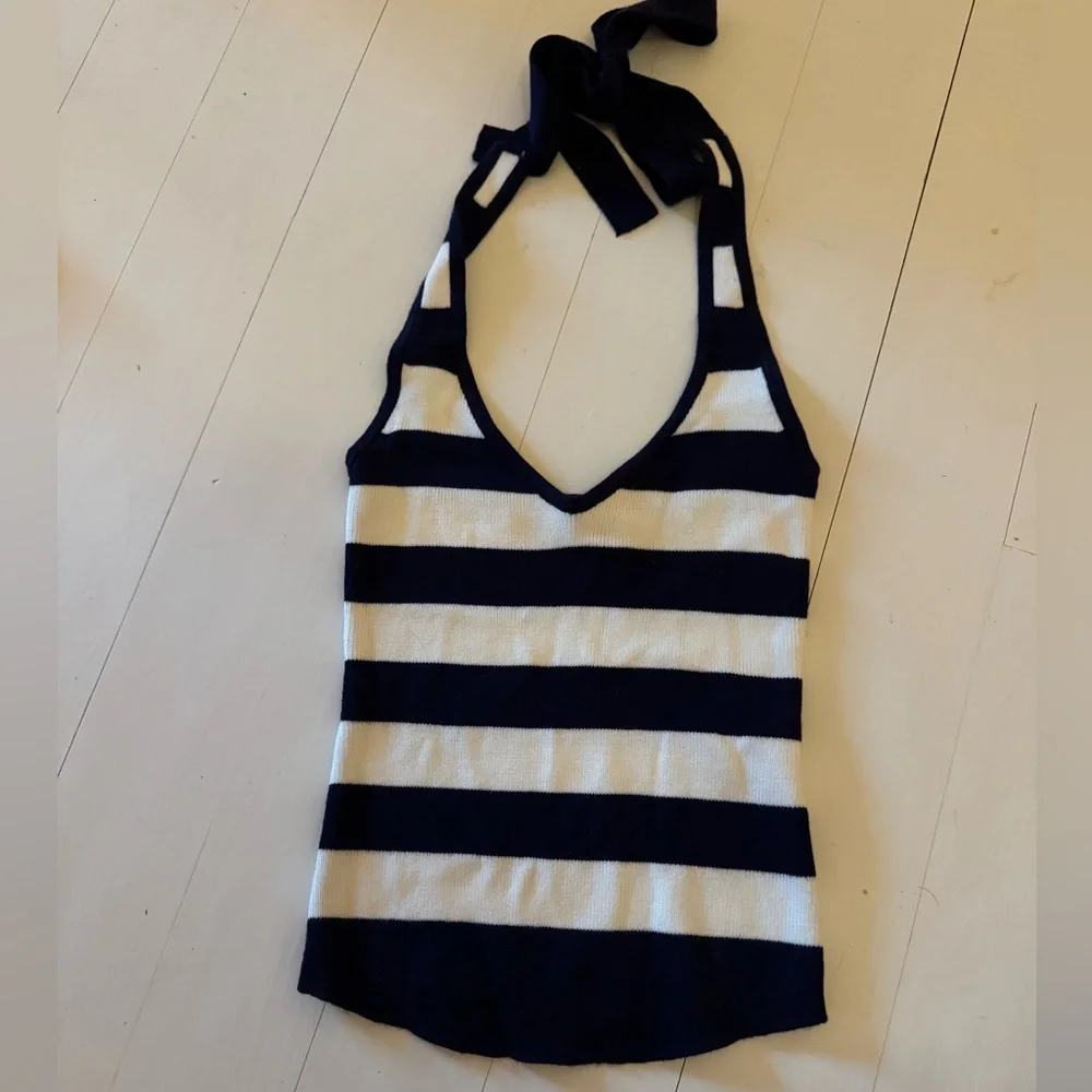 Frankie's Bikinis Navy and White Striped Halter Tank - Picture 1 of 4